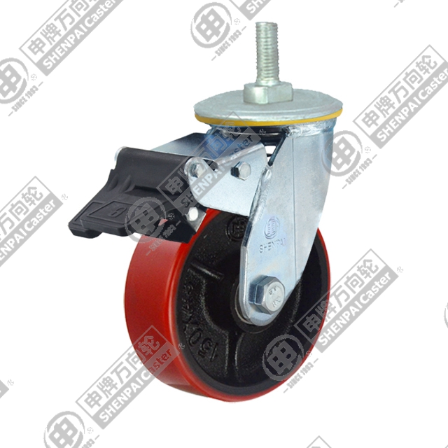 5" Threaded Stem Swivel Caster, Iron Core Polyurethane Wheel, Total Lock Brake, M20*32