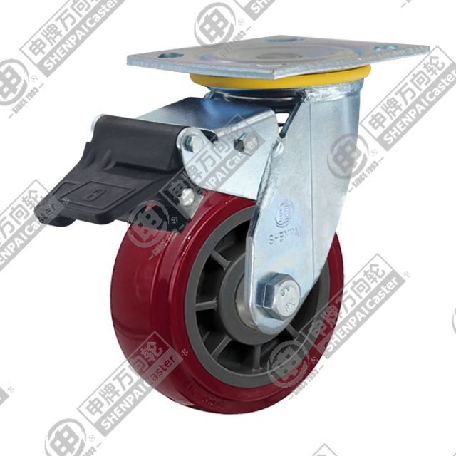 5" Top Plate Swivel Caster, Plastic-core Polyurethane Wheel, Total Lock Brake