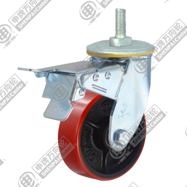 6" Threaded Stem Swivel Caster, Iron Core Polyurethane Wheel, Total Lock Brake, M20*32