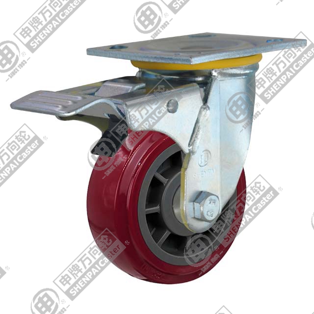 6" Top Plate Swivel Caster, Plastic-core Polyurethane Wheel, Total Lock Brake