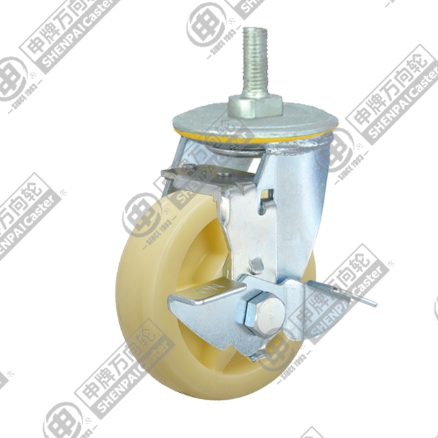 8" Threaded Stem Swivel Caster, Polypropylene Wheel, Rear Parking Brake, M20*32