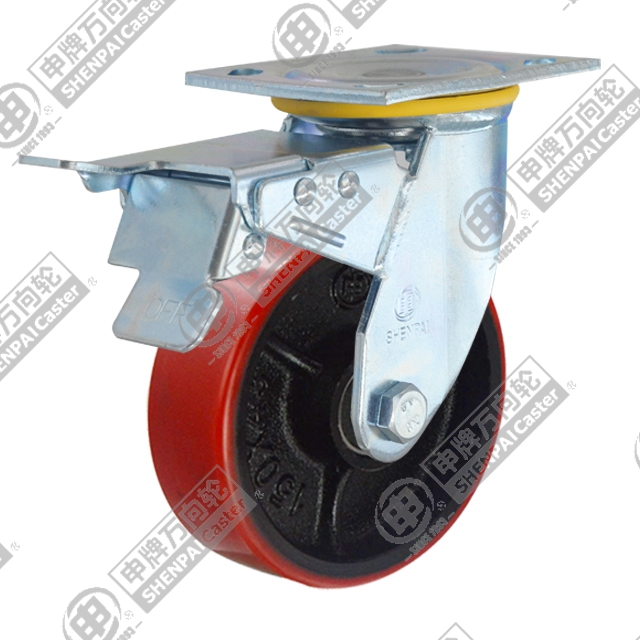 6" Top Plate Swivel Caster, Iron Core Polyurethane Wheel, Total Lock Brake