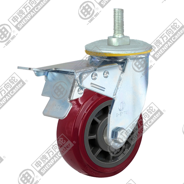 6" Threaded Stem Swivel Caster, Plastic-core Polyurethane Wheel, Total Lock Brake, M20*32