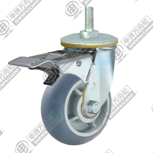 6" Threaded Stem Swivel Caster, Plastic-core TPE Wheel, Rear Parking Brake, M20*45