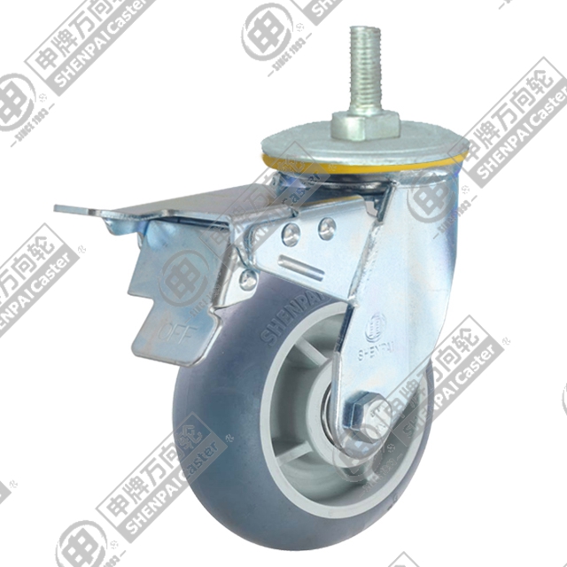 5" Threaded Stem Swivel Caster, Plastic-core TPE Wheel, Rear Parking Brake, M20*45