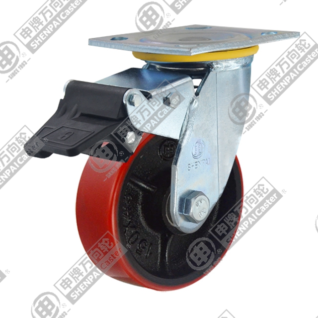 6" Top Plate Swivel Caster, Iron Core Polyurethane Wheel, Total Lock Brake