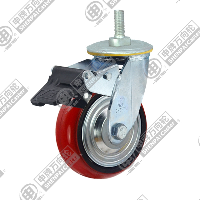 8" Threaded Stem Swivel Caster, Iron Core Polyurethane Wheel, Total Lock Brake, M20*32