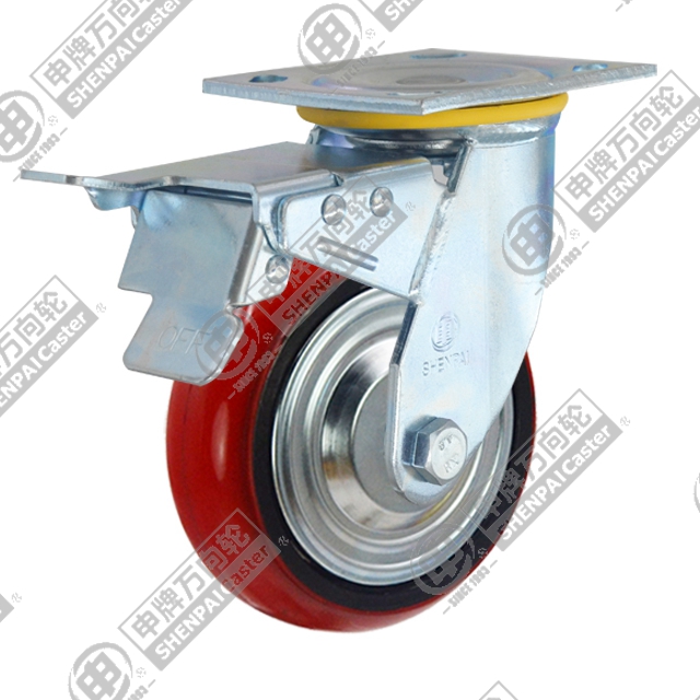 8" Top Plate Swivel Caster, Iron Core Polyurethane Wheel, Total Lock Brake