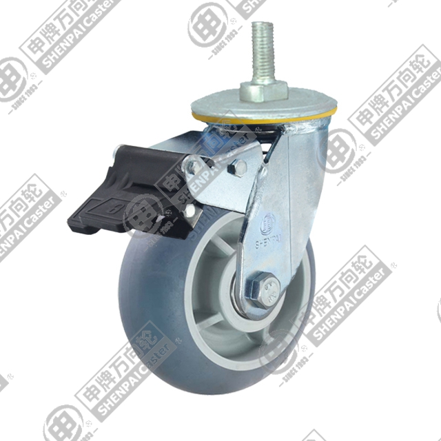 8" Threaded Stem Swivel Caster, Plastic-core TPE Wheel, Rear Parking Brake, M20*45