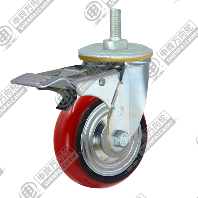 8" Threaded Stem Swivel Caster, Iron Core Polyurethane Wheel, Total Lock Brake, M20*32