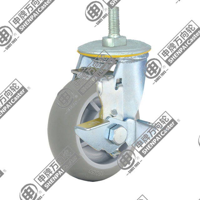 5" Threaded Stem Swivel Caster, Plastic-core TPE Wheel, Rear Parking Brake, M20*32