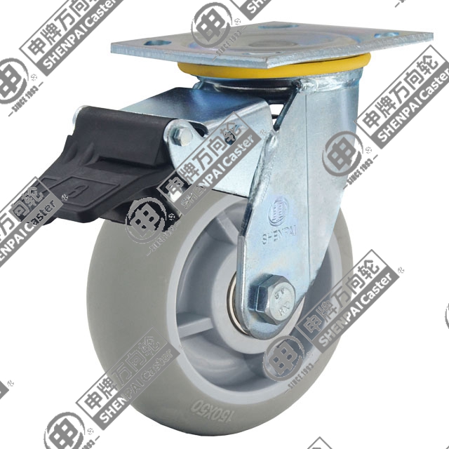 5" Top Plate Swivel Caster, Plastic-core TPE Wheel, Total Lock Brake