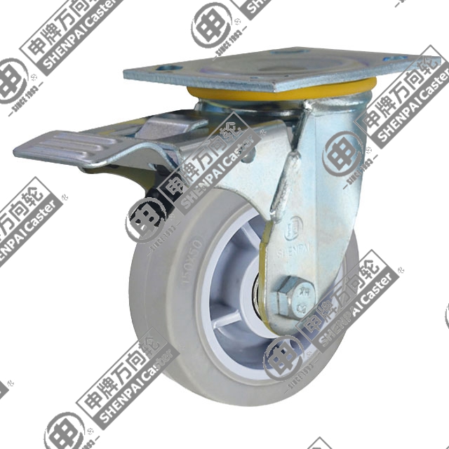 5" Top Plate Swivel Caster, Plastic-core TPE Wheel, Total Lock Brake