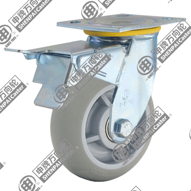 5" Top Plate Swivel Caster, Plastic-core TPE Wheel, Total Lock Brake