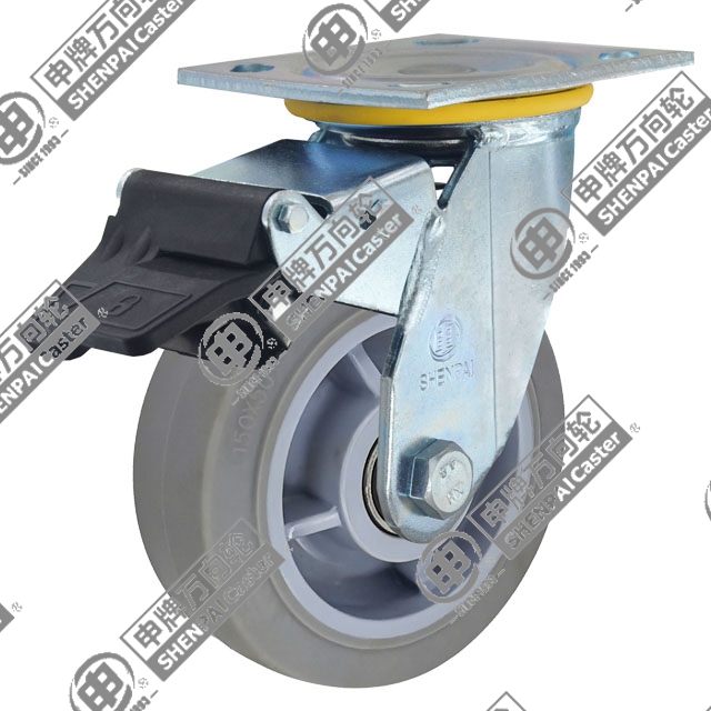 5" Top Plate Swivel Caster, Plastic-core TPE Wheel, Total Lock Brake