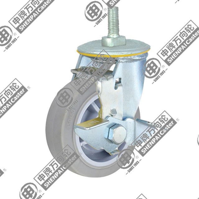 6" Threaded Stem Swivel Caster, Plastic-core TPE Wheel, Rear Parking Brake, M20*32