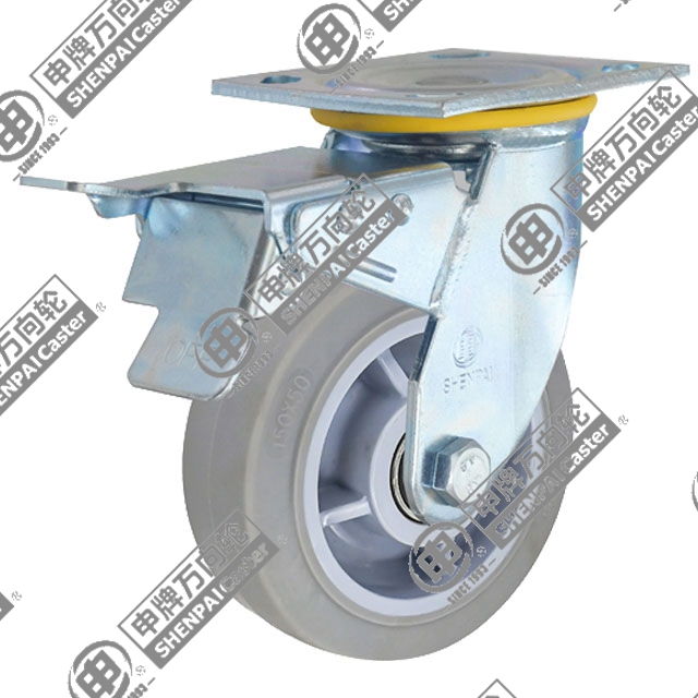 6" Top Plate Swivel Caster, Plastic-core TPE Wheel, Total Lock Brake