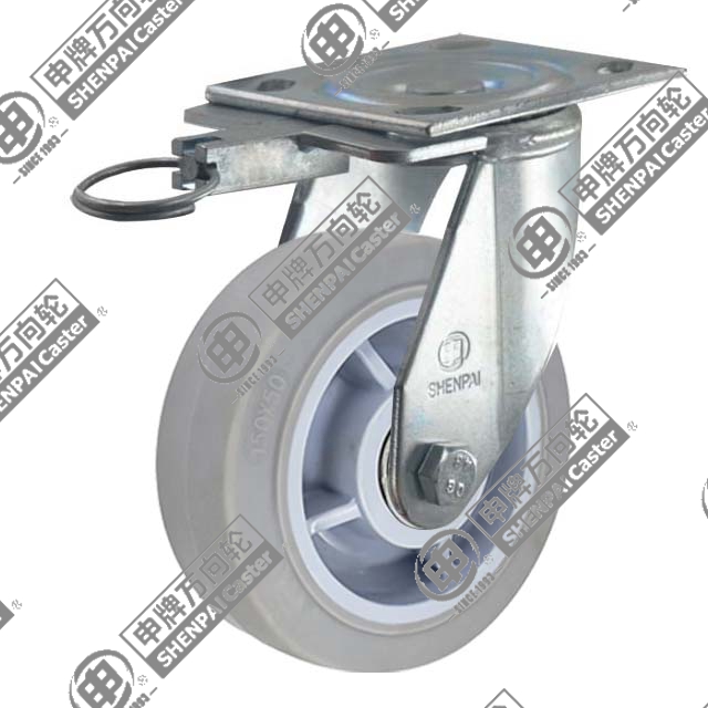 8" Top Plate Swivel Caster, Plastic-core TPE Wheel, Direction Lock Brake