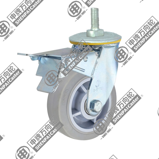 8" Threaded Stem Swivel Caster, Plastic-core TPE Wheel, Total Lock Brake, M20*32