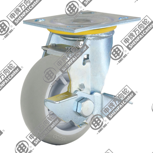 8" Top Plate Swivel Caster, Plastic-core TPE Wheel, Rear Parking Brake