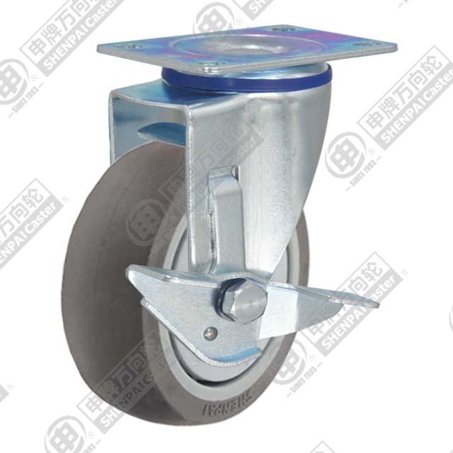3" Top Plate Swivel Caster, Plastic-core TPE Wheel, Rear Parking Brake