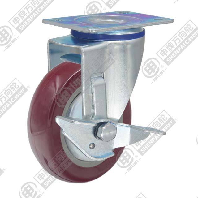 3" Top Plate Swivel Caster, Plastic-core Polyurethane Wheel, Rear Parking Brake