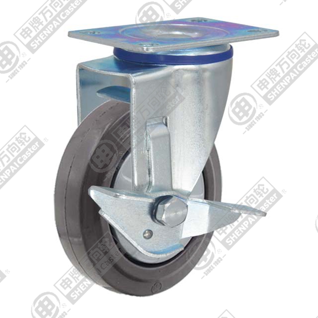 3" Top Plate Swivel Caster, Nylon Core Rubber Wheel, Rear Parking Brake
