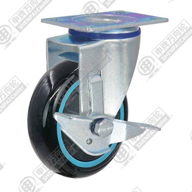 4" Top Plate Swivel Caster, Plastic-core Polyurethane Wheel, Rear Parking Brake