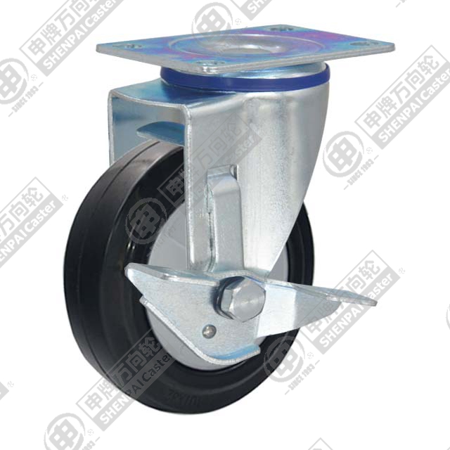 4" Top Plate Swivel Caster, Nylon Core Rubber Wheel, Rear Parking Brake