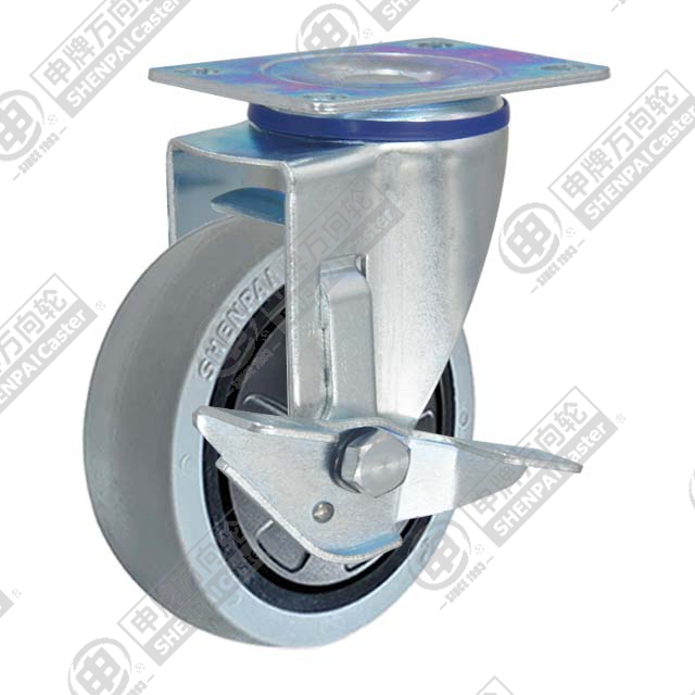 5" Top Plate Swivel Caster, Plastic-core TPE Wheel, Rear Parking Brake