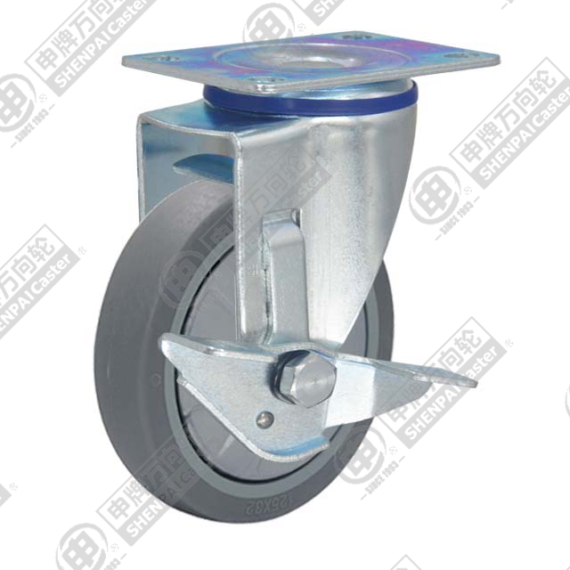 4" Top Plate Swivel Caster, Plastic-core TPE Wheel, Rear Parking Brake