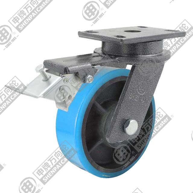 10" Top Plate Swivel Caster, Iron Core Polyurethane Wheel, Rear Parking Brake