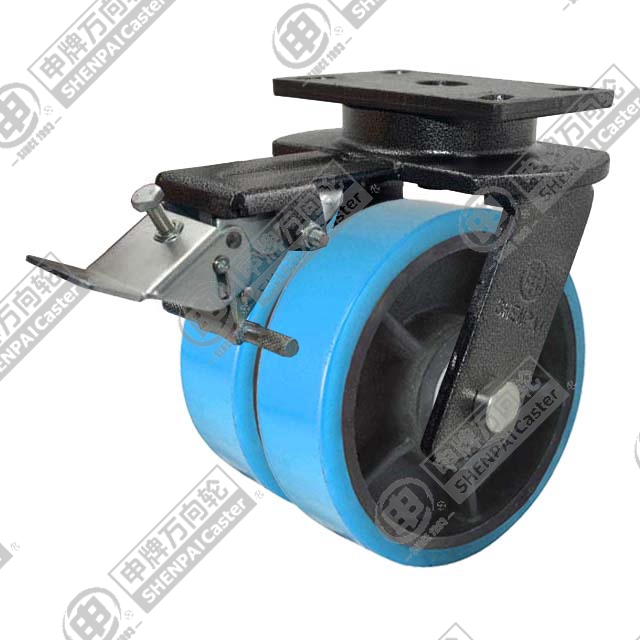 8" Top Plate Swivel Caster, Iron Core Polyurethane Wheel, Rear Parking Brake