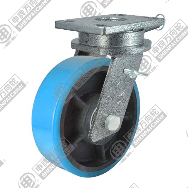 10" Top Plate Swivel Caster, Iron Core Polyurethane Wheel, Total Lock Brake