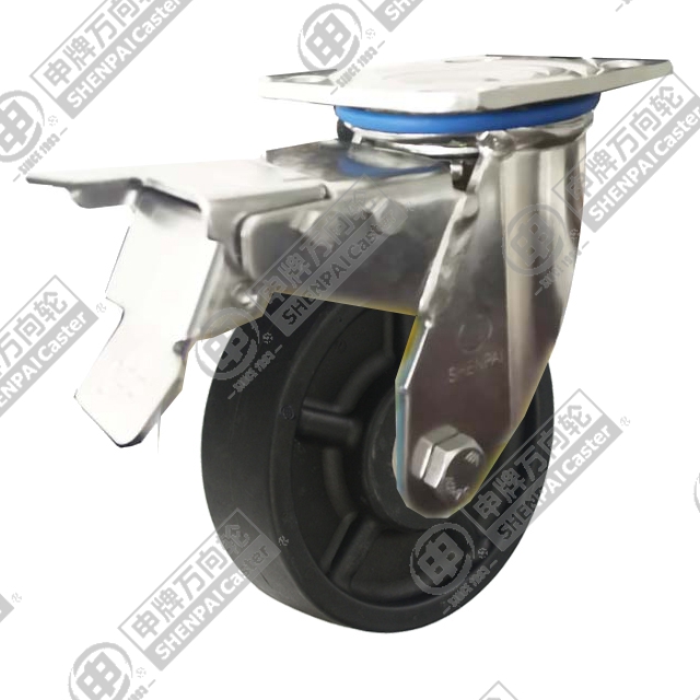 4" Top Plate Swivel Caster, Stainless Steel Frame, High Temperature Nylon Wheel, Total Lock Brake