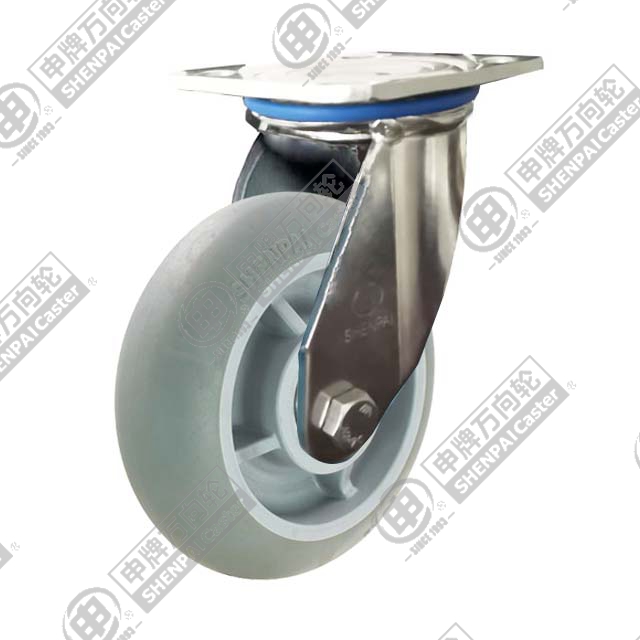 8" Top Plate Swivel Caster, Stainless Steel Frame, Plastic-core TPE Wheel