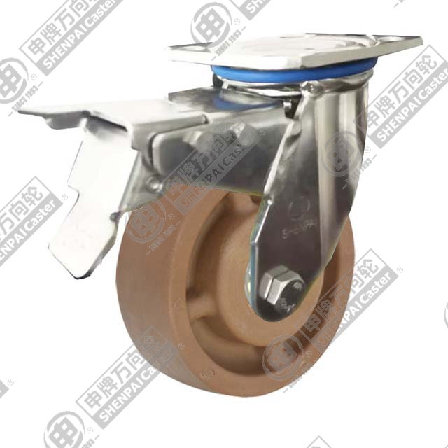 8" Top Plate Swivel Caster, Stainless Steel Frame, High Temperature Nylon Wheel, Total Lock Brake