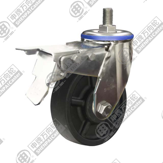 8" Threaded Stem Swivel Caster, Stainless Steel Frame, High Temperature Nylon Wheel, Total Lock Brake, M20*45