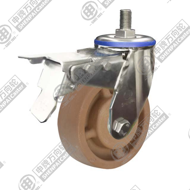 4" Threaded Stem Swivel Caster, Stainless Steel Frame, High Temperature Nylon Wheel, Total Lock Brake, M20*45
