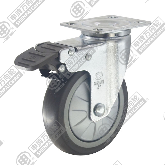 3" Top Plate Swivel Caster, Plastic-core TPE Wheel, Total Lock Brake