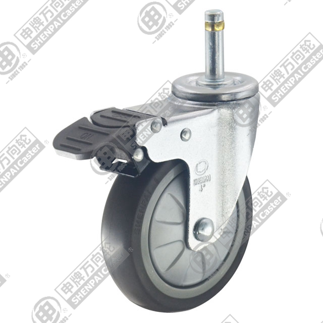 3" Round Stem Swivel Caster, Plastic-core TPE Wheel, Total Lock Brake