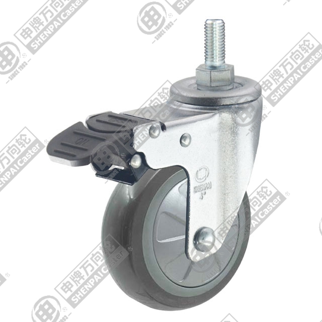 3" Threaded Stem Swivel Caster, Plastic-core Polyurethane Wheel, Total Lock Brake, M12*25