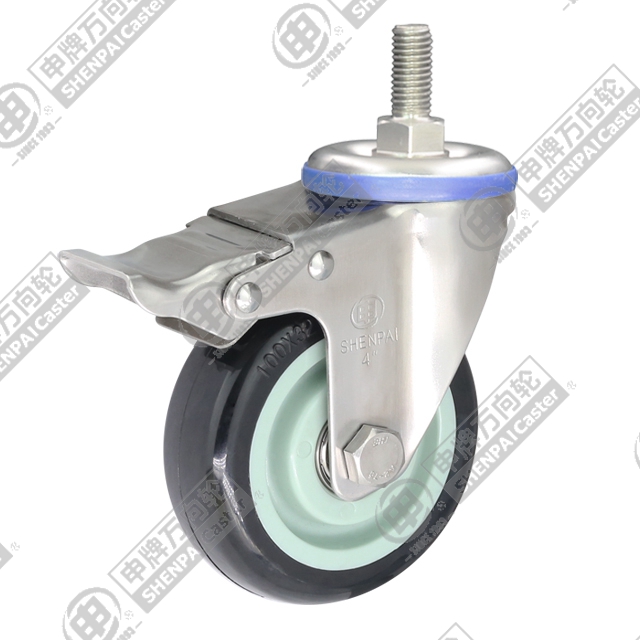 4" Threaded Stem Swivel Caster, Stainless Steel Frame, Plastic-core Polyurethane Wheel, Total Lock Brake, M12*25