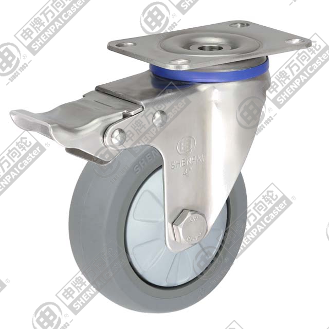 4" Top Plate Swivel Caster, Stainless Steel Frame, Plastic-core TPE Wheel, Total Lock Brake