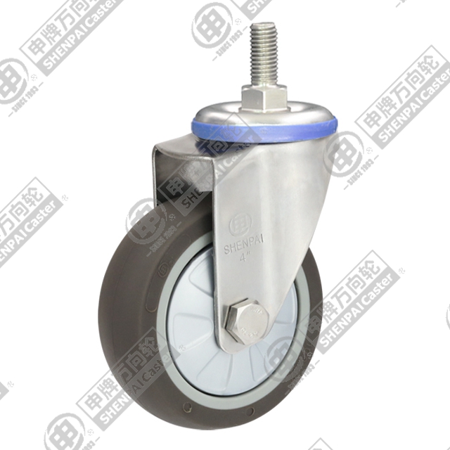 5" Threaded Stem Swivel Caster, Stainless Steel Frame, Plastic-core TPE Wheel, M12*25