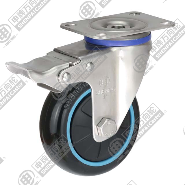 5" Top Plate Swivel Caster, Stainless Steel Frame, Plastic-core Polyurethane Wheel, Total Lock Brake