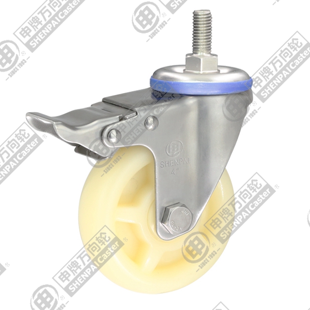 3" Threaded Stem Swivel Caster, Stainless Steel Frame, Polypropylene Wheel, Total Lock Brake, M12*25
