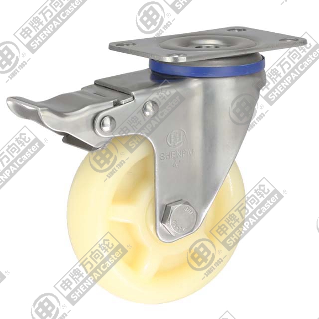 5" Top Plate Swivel Caster, Stainless Steel Frame, Polypropylene Wheel, Total Lock Brake