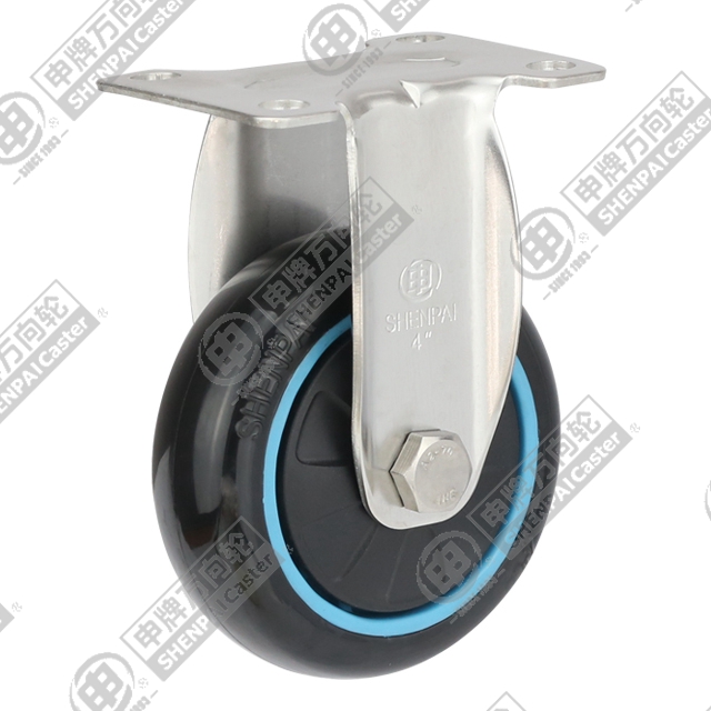 4" Top Plate Fixed Caster, Stainless Steel Frame, Plastic-core Polyurethane Wheel