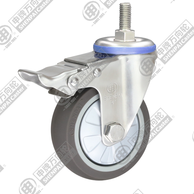 3" Threaded Stem Swivel Caster, Stainless Steel Frame, Plastic-core TPE Wheel, Total Lock Brake, M12*25